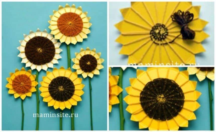 Bouquet of sunflowers from the yarn and paper plates