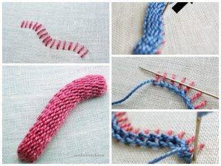 Raised stem stitch is a great way to create thick, textured ribbons, bands, ropes, tree trunks, caterpillars… lots of possibilities with this technique!