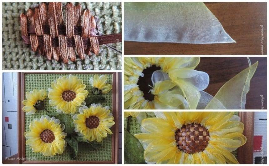 Sunflowers from satin ribbon
