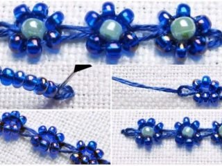 Beaded chain stitch blossoms