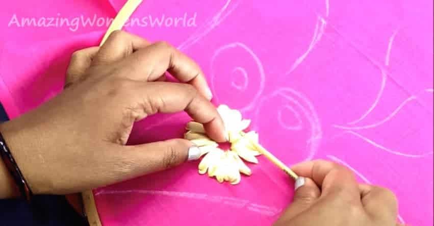 Satin ribbon flower designing on kurta