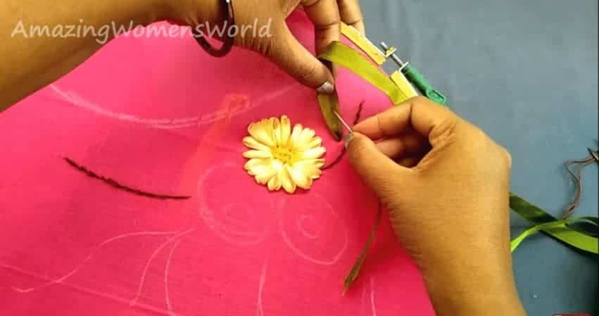 Satin ribbon flower designing on kurta
