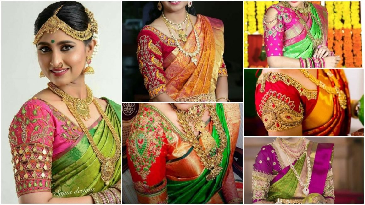 South Indian wedding sarees are usually a combination of red and yellow or a mix of shades that fall under either of them. ... traditional silk saree blouse design.