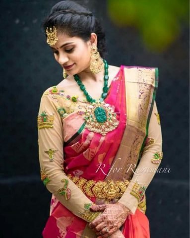 South Indian wedding sarees are usually a combination of red and yellow or a mix of shades that fall under either of them. ... traditional silk saree blouse design.