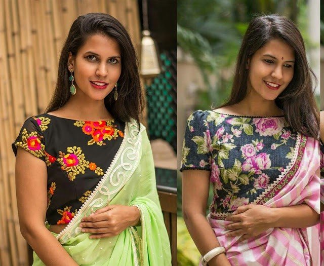 Printed blouse designs for sarees with trendy neck patterns