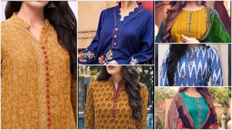 Pretty button neck designs for kurtis