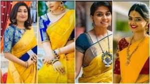 Yellow silk saree with contrast blouse collection
