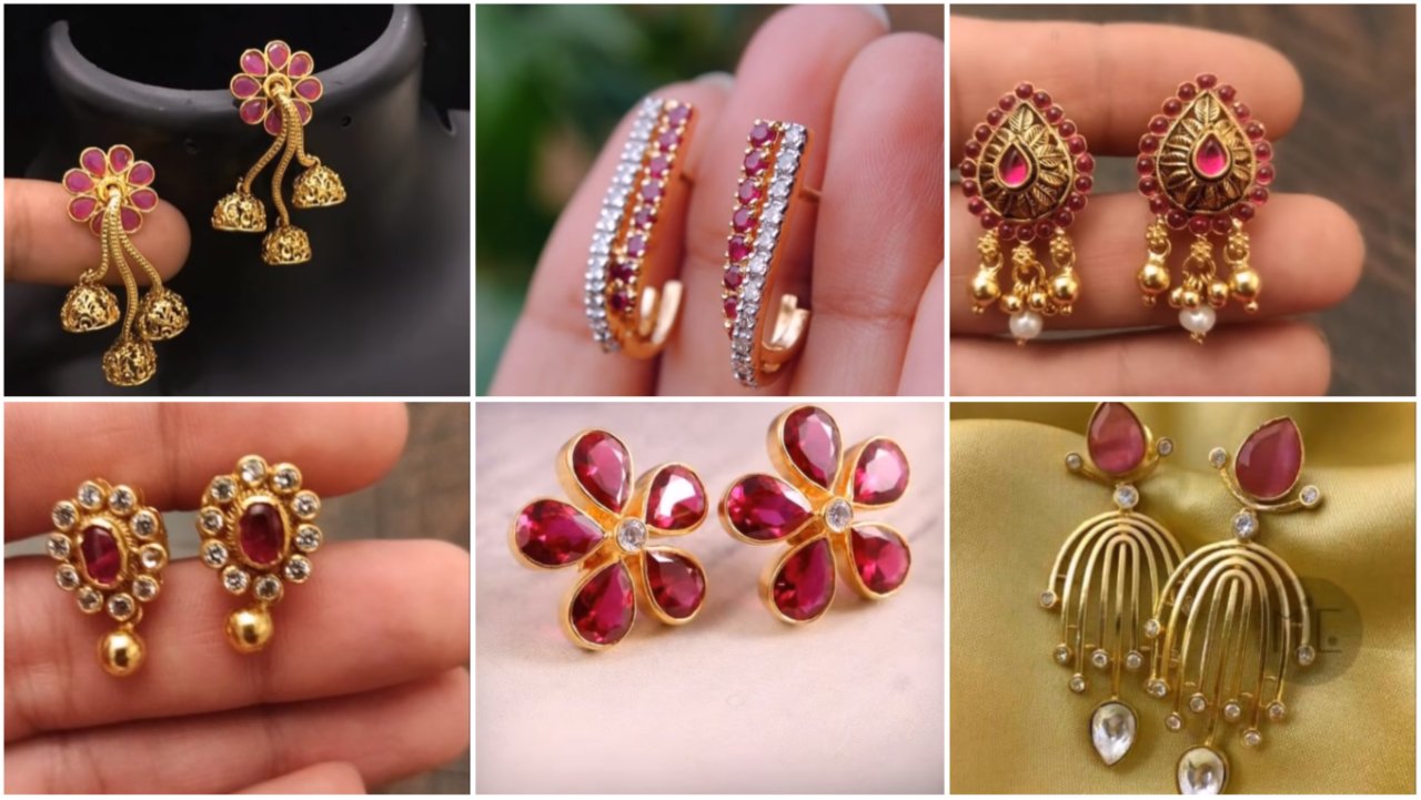 Ruby flower charm drop stud earring designs