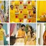 Photo of bride and groom color-coordinating in yellow