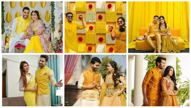 Photo of bride and groom color-coordinating in yellow