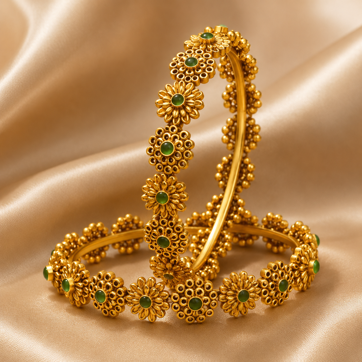 Latest Gold Bangle Designs That Define Timeless Elegance Green Floral Gold Bangles
These antique gold bangles have floral designs and soft green stones for a rich traditional jewelry look.