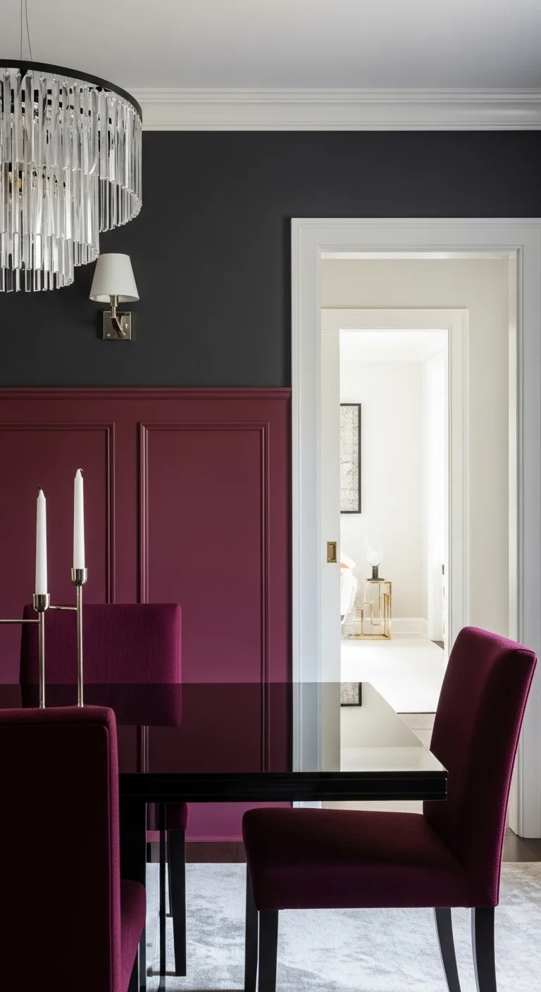 10 beautiful modern wall paneling ideas for your home Burgundy dining room wainscoting beneath charcoal walls