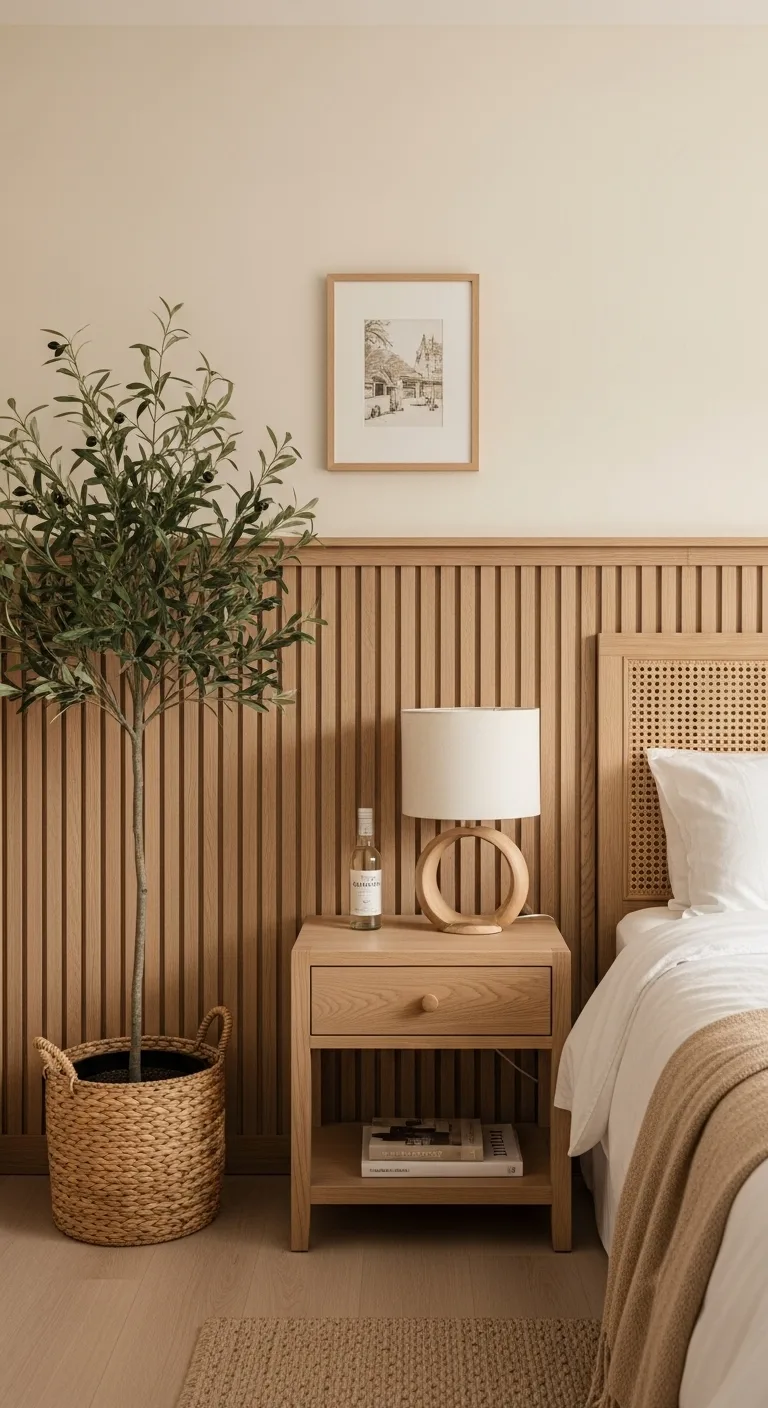 10 beautiful modern wall paneling ideas for your home Natural wood slat bedroom paneling beside a cane headboard