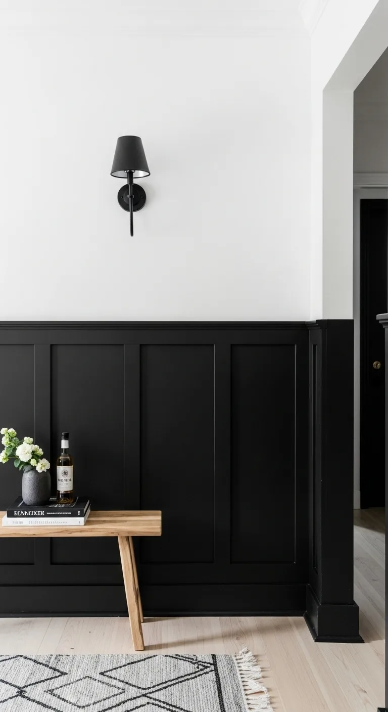 10 beautiful modern wall paneling ideas for your home Black half wall paneling with a wood hallway bench