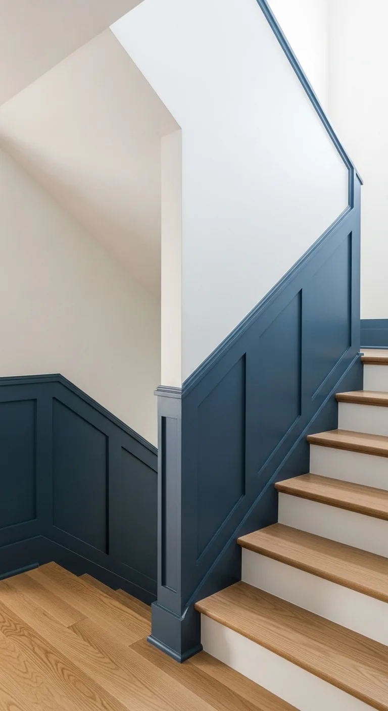 10 beautiful modern wall paneling ideas for your home Blue stairway wainscoting with white walls and pale wood steps