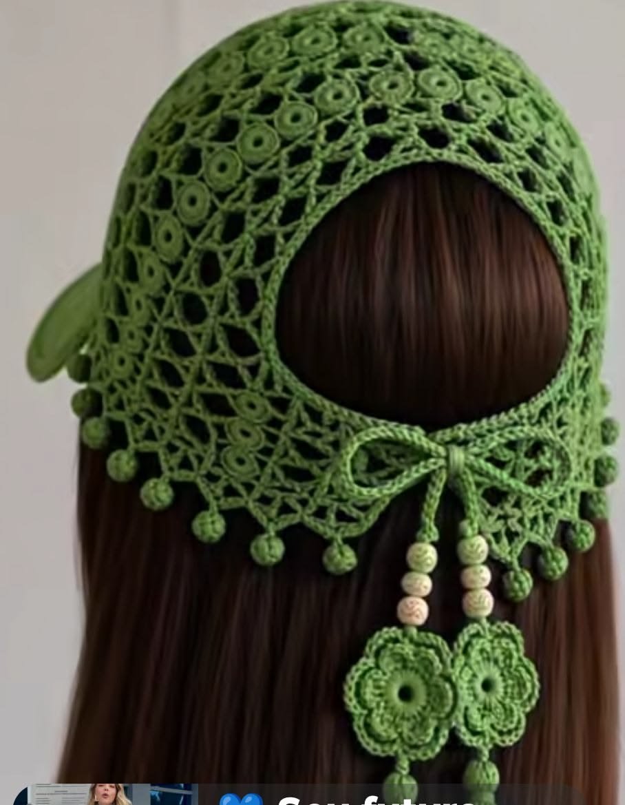 Beautiful crochet headscarf ideas with flowers, leaves, butterflies and beads 44ce30d6d081ece2c5e0bb48397fbd7e