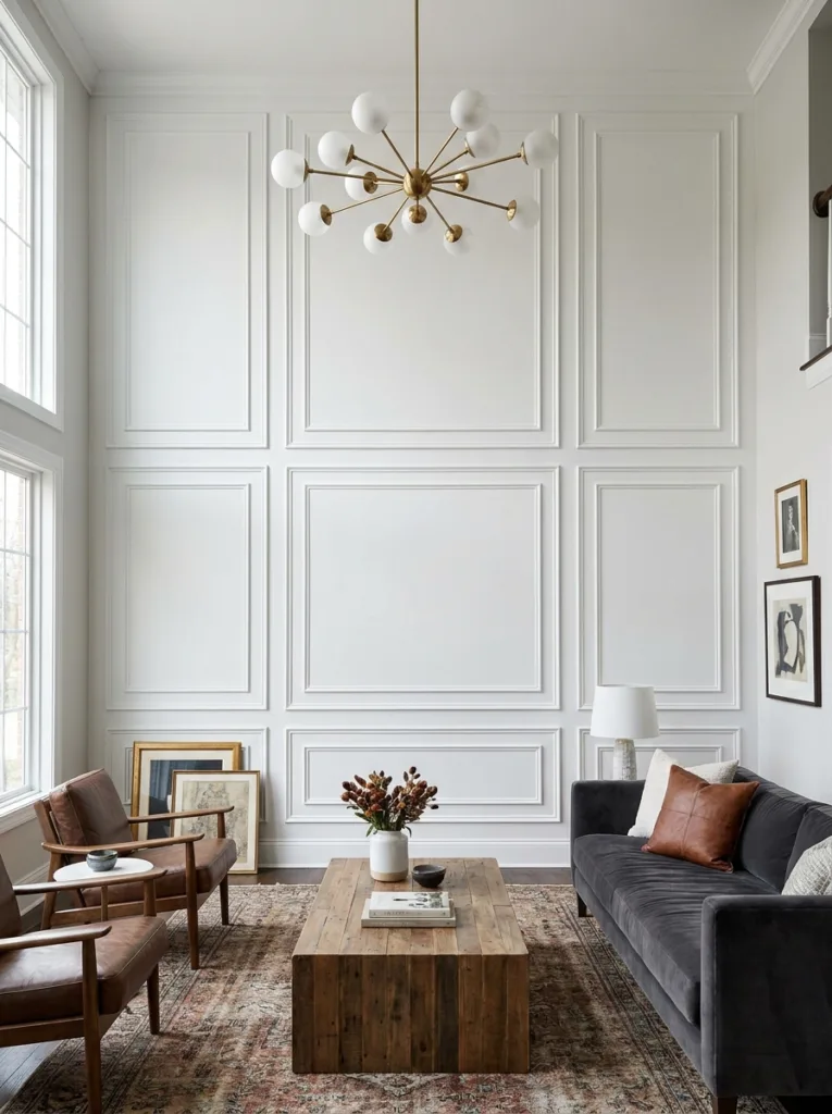 10 beautiful modern wall paneling ideas for your home White picture frame molding on a tall living room wall