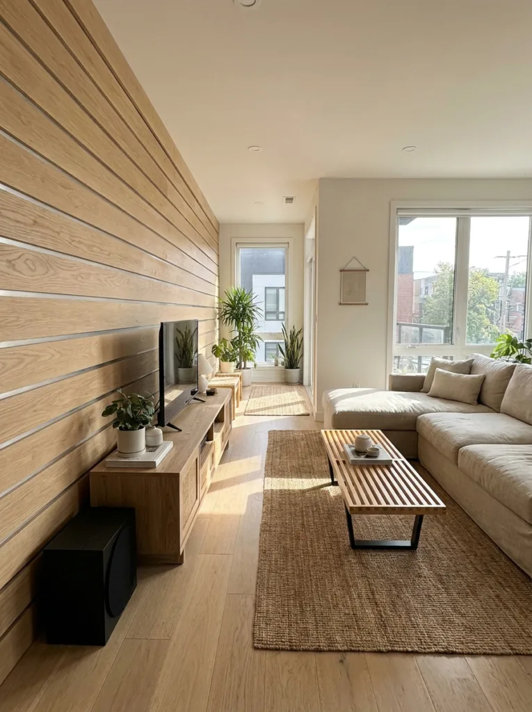 10 beautiful modern wall paneling ideas for your home Horizontal wood living room wall paneling beside a cream sectional