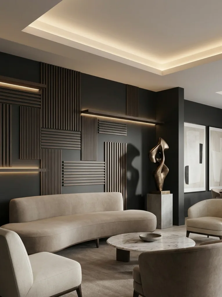 10 beautiful modern wall paneling ideas for your home Dark geometric decorative wall panels with illuminated shelves