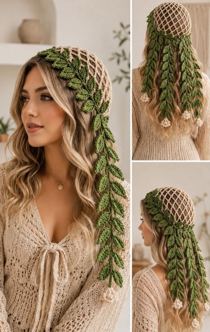 Beautiful crochet headscarf ideas with flowers, leaves, butterflies and beads 7f1b31a0d9307aee1697e4050bcdb5b2