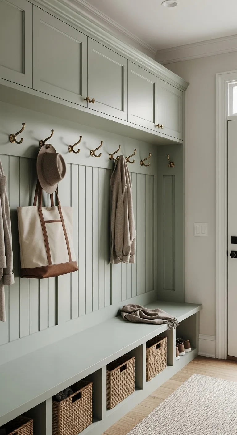 10 beautiful modern wall paneling ideas for your home Sage green entryway paneling with a bench, brass hooks, and baskets