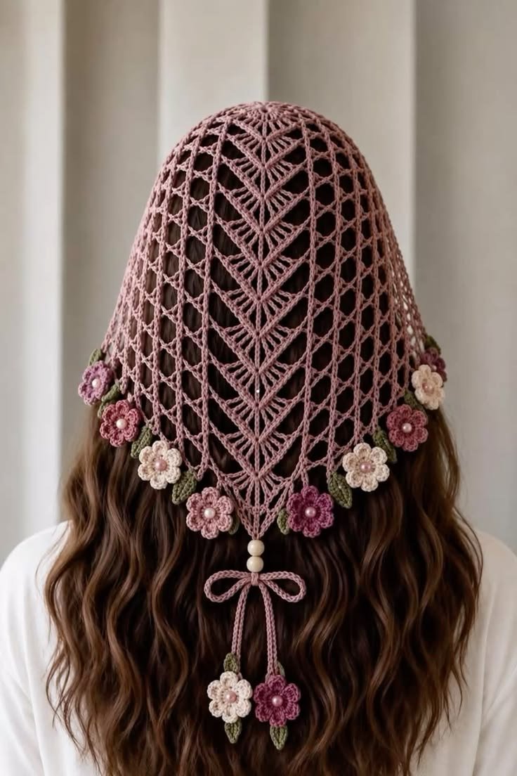 Beautiful crochet headscarf ideas with flowers, leaves, butterflies and beads bda85c4aa2bb4a573b216db0a968f589