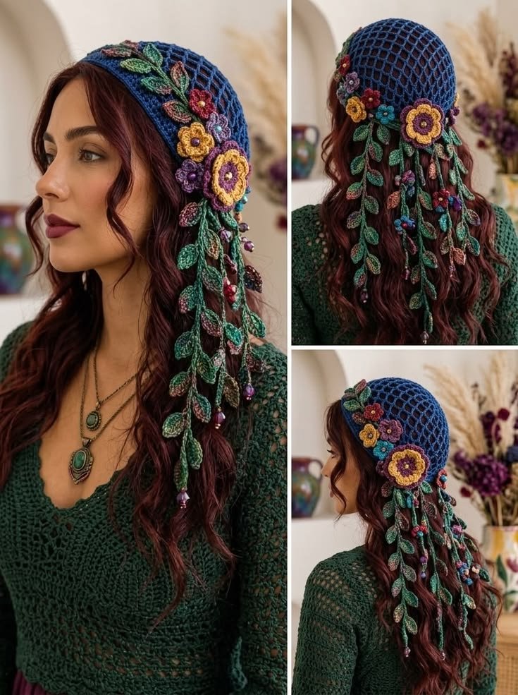 Beautiful crochet headscarf ideas with flowers, leaves, butterflies and beads d0d12c012bb2163c3e1ad928d4ff147b
