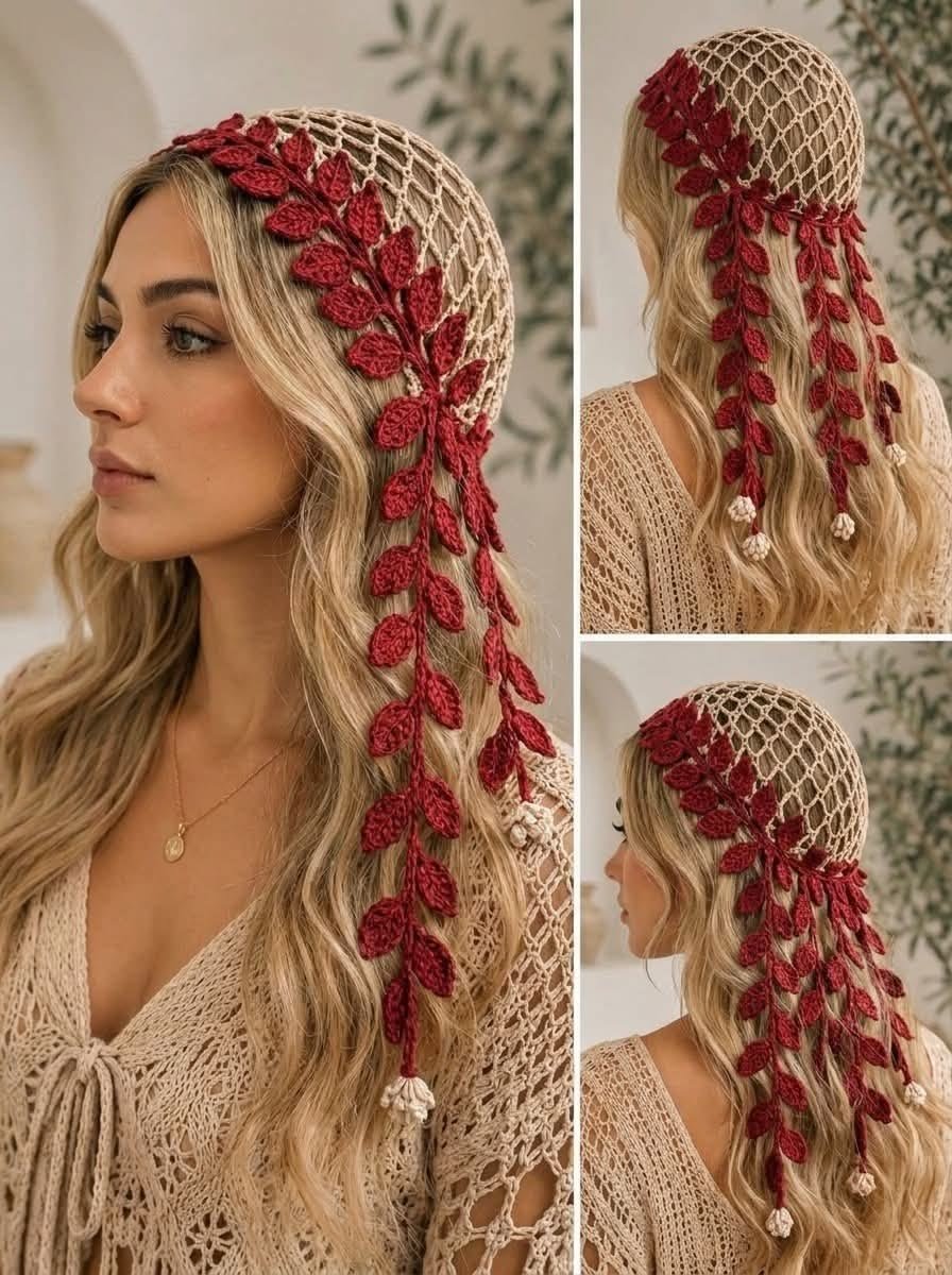 Beautiful crochet headscarf ideas with flowers, leaves, butterflies and beads dd533d3aafb01b5db0b692e43ebf5e57
