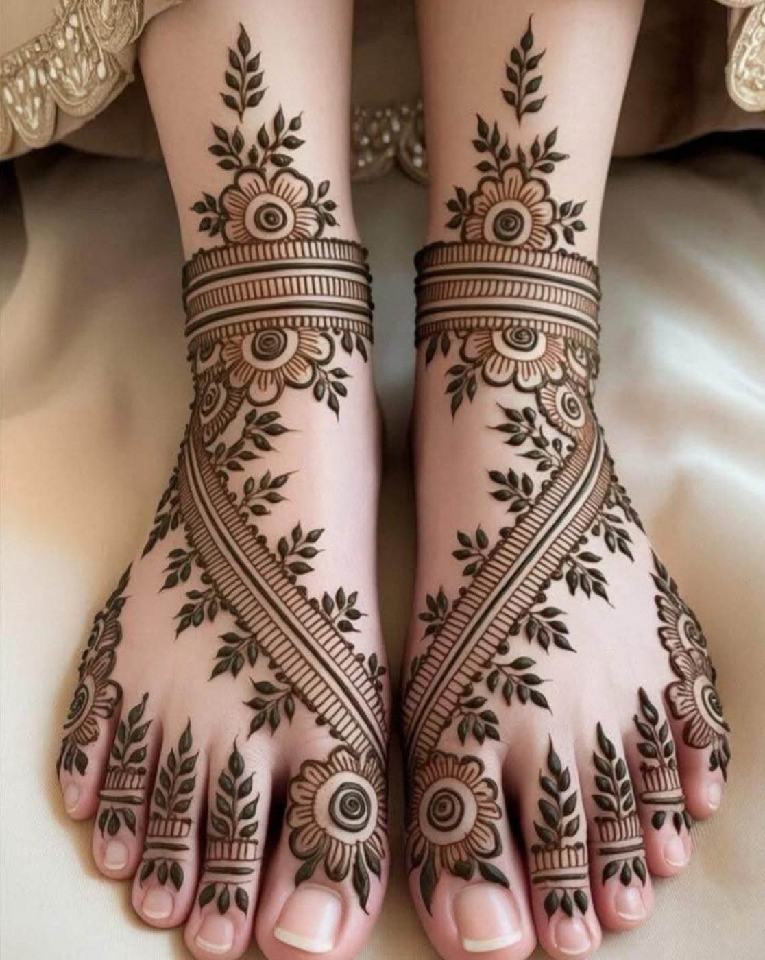 Feet decorated with symmetrical floral and leafy mehndi extending from the toes toward the ankles