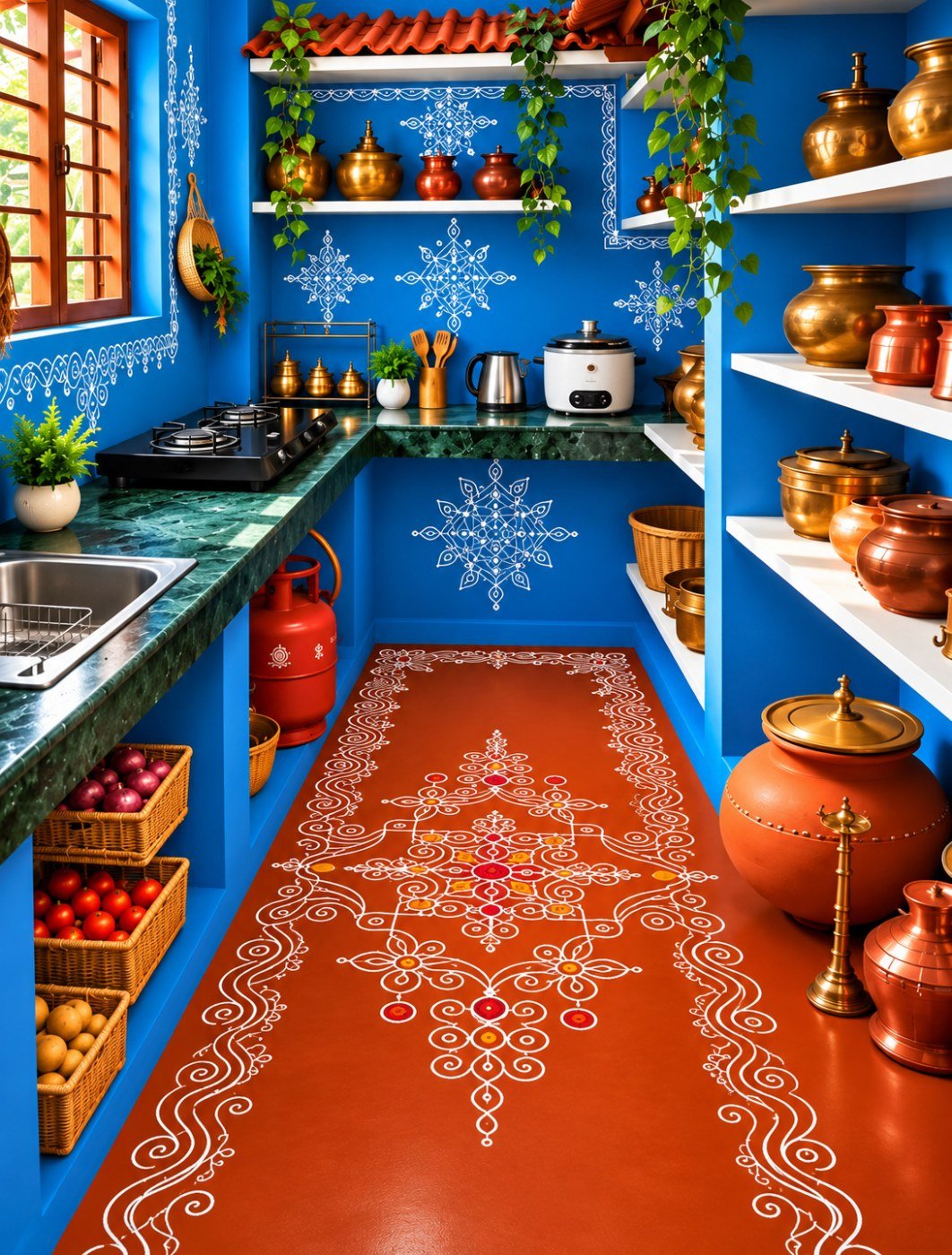 10 beautiful rangoli design ideas for entrances, stairs and floors Long white ornamental rangoli on a reddish-orange kitchen floor surrounded by blue cabinets, green countertops and copper-colored vessels.