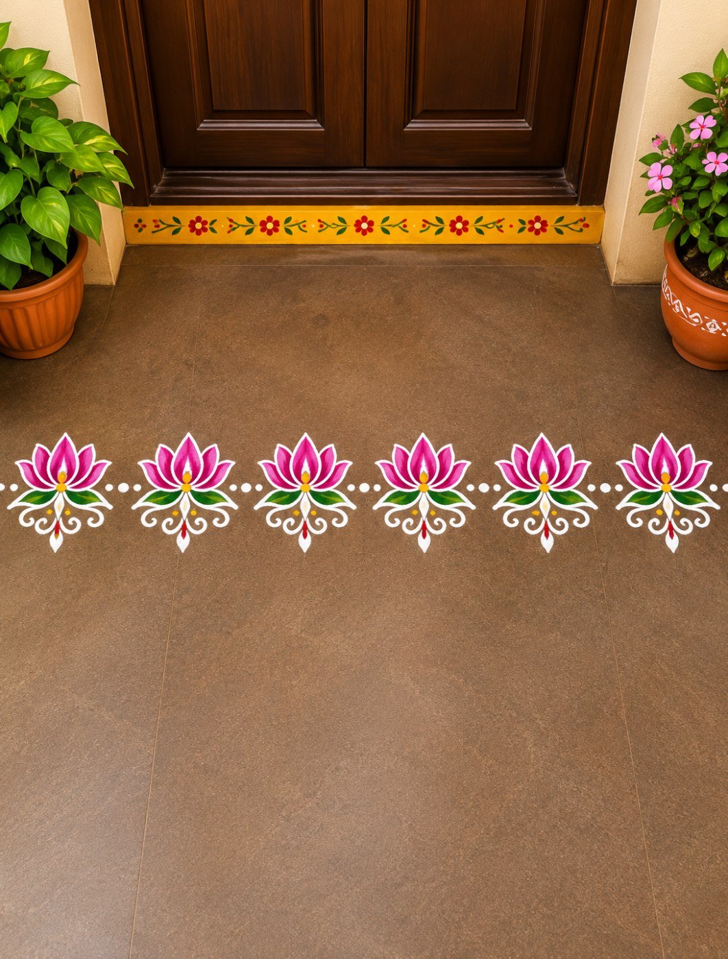 10 beautiful rangoli design ideas for entrances, stairs and floors Six pink lotus rangoli flowers connected by white decorative curls and green leaves across a brown tiled entrance floor.
