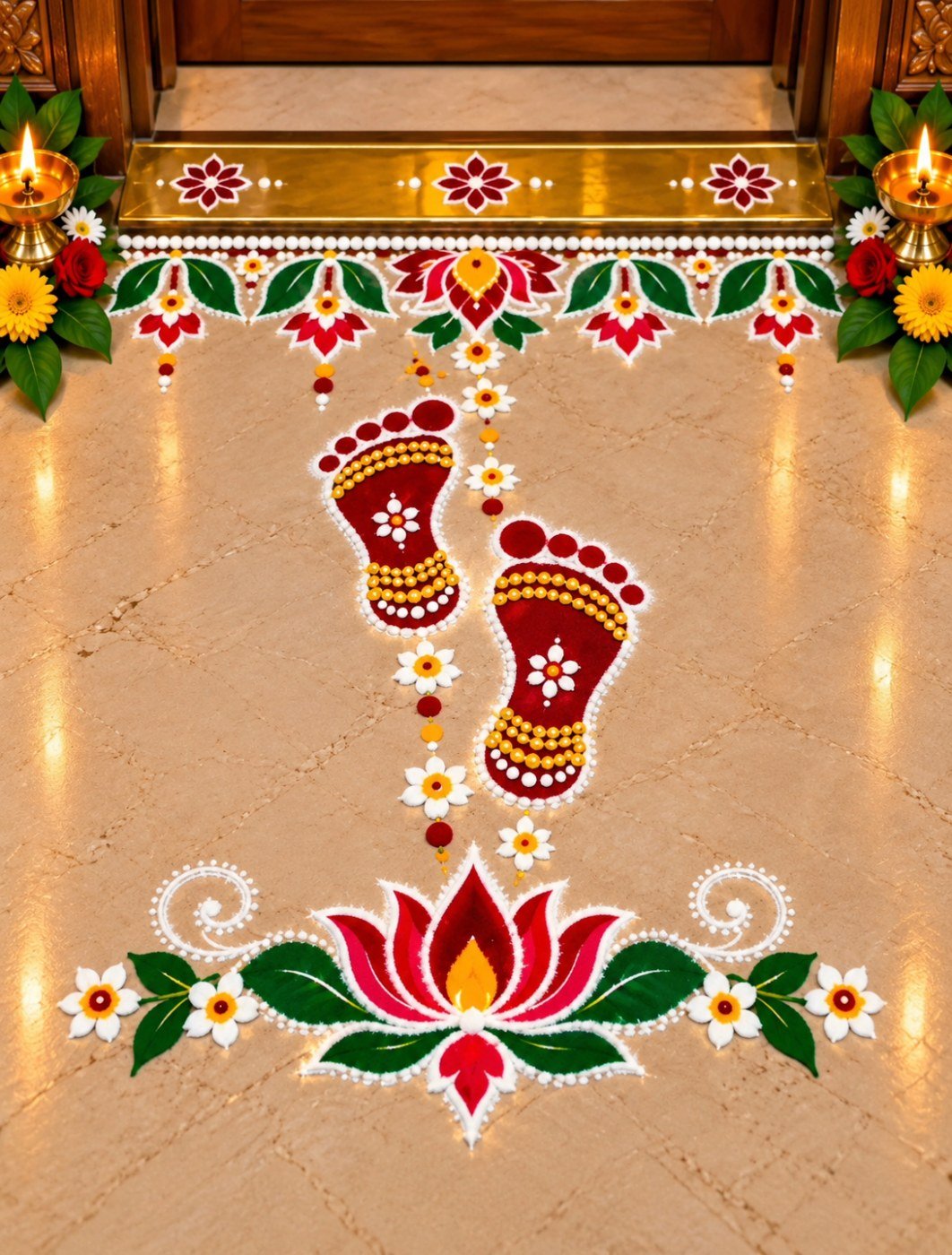 10 beautiful rangoli design ideas for entrances, stairs and floors Festive entrance rangoli featuring red decorative footprints, a large colorful lotus, white dotted patterns, floral borders and glowing lamps.