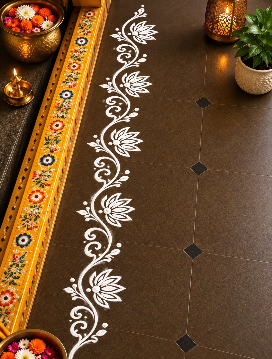 10 beautiful rangoli design ideas for entrances, stairs and floors Long vertical white lotus rangoli border on dark brown tiles beside a colorful orange floral floor strip.