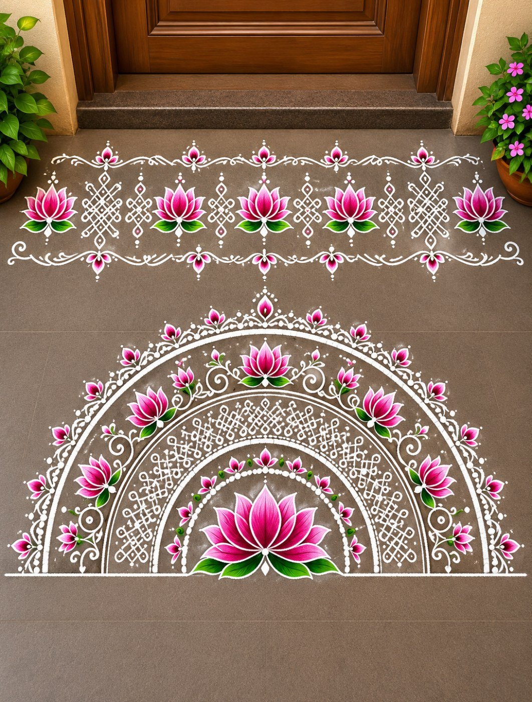 10 beautiful rangoli design ideas for entrances, stairs and floors Large semicircular entrance rangoli with detailed white ornamental arches, pink lotus flowers and a matching horizontal floral border.