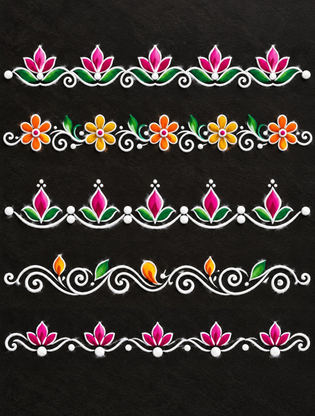 10 beautiful rangoli design ideas for entrances, stairs and floors Five horizontal rangoli borders on a black background featuring pink lotus buds, orange flowers, green leaves and decorative white curls.
