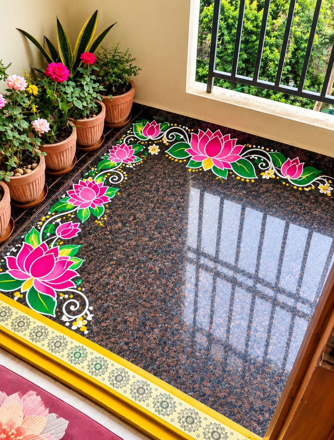 10 beautiful rangoli design ideas for entrances, stairs and floors Pink lotus rangoli border arranged around the corner of a glossy dark stone floor beside potted plants and a bright window.