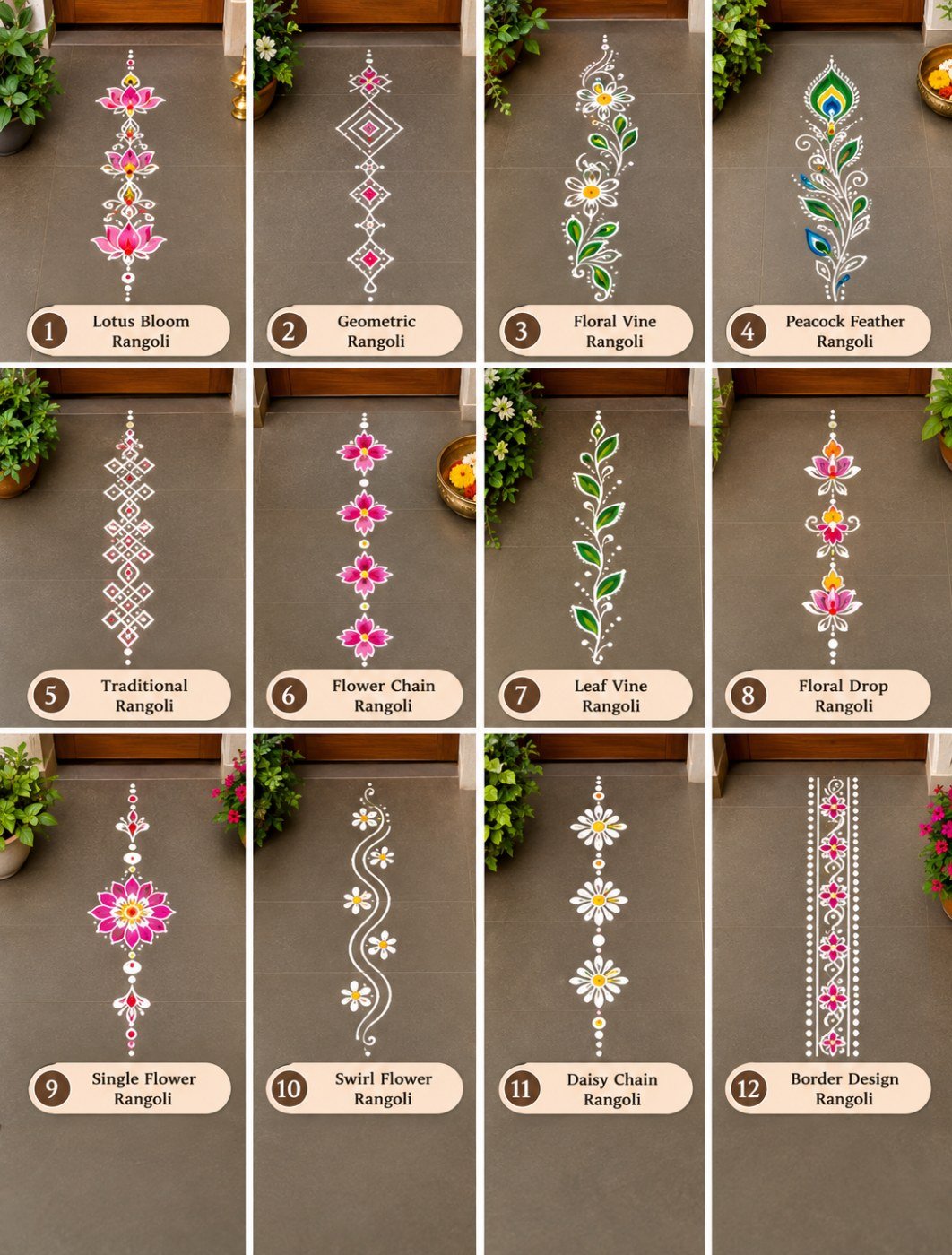 10 beautiful rangoli design ideas for entrances, stairs and floors Collection of twelve numbered vertical rangoli patterns with floral chains, geometric shapes, pink flowers and white decorative outlines.